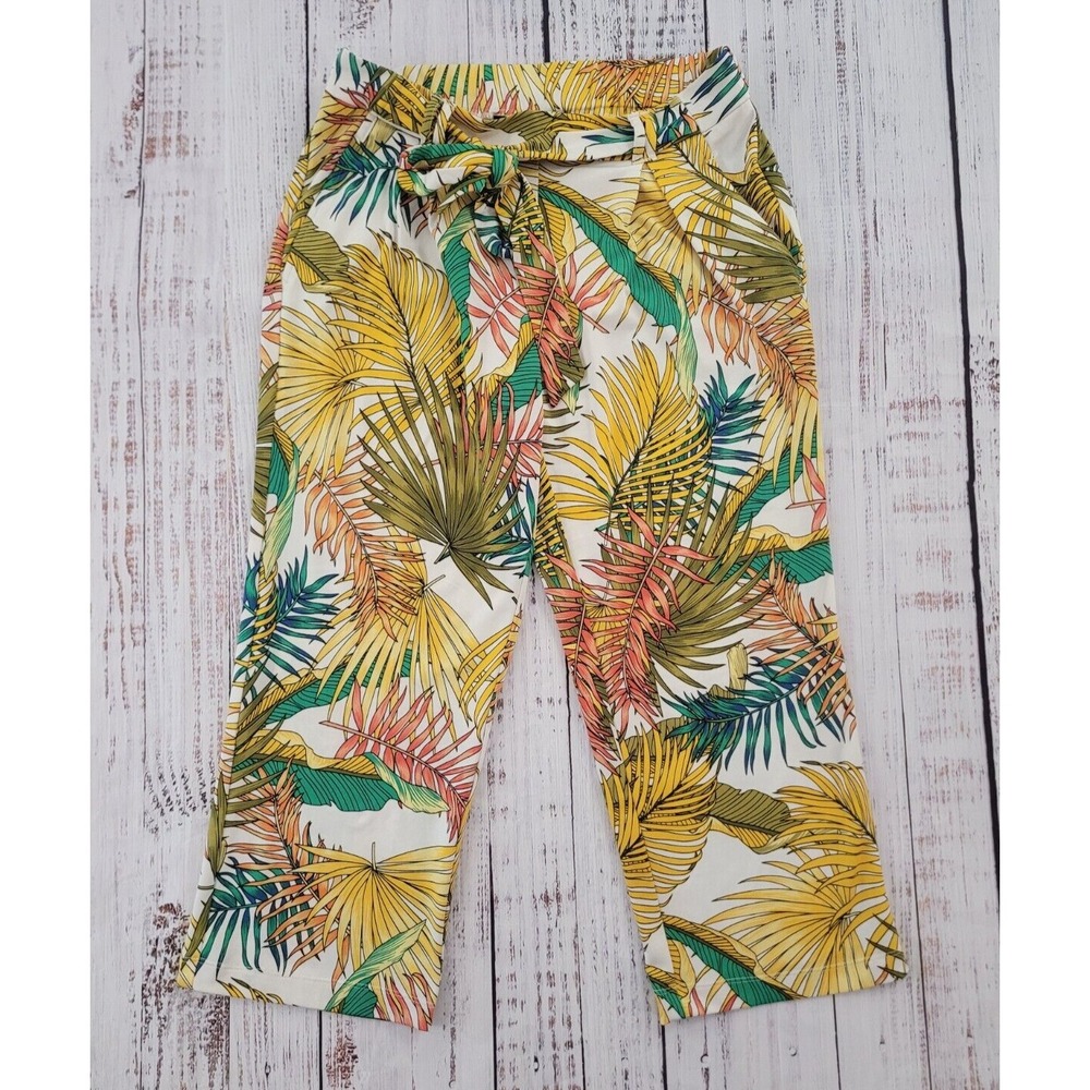 SOHO Apparel Ltd Tropical Leaf Print Elastic Waist Capri Pants Women's S